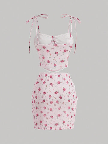 Summer Small Floral Spliced Lace Trim Spaghetti Strap Multi-Layer Ruffled Hem Package Hip Mesh Skirt Set