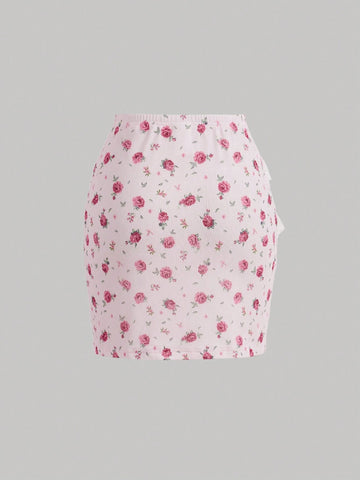 Summer Small Floral Spliced Lace Trim Spaghetti Strap Multi-Layer Ruffled Hem Package Hip Mesh Skirt Set