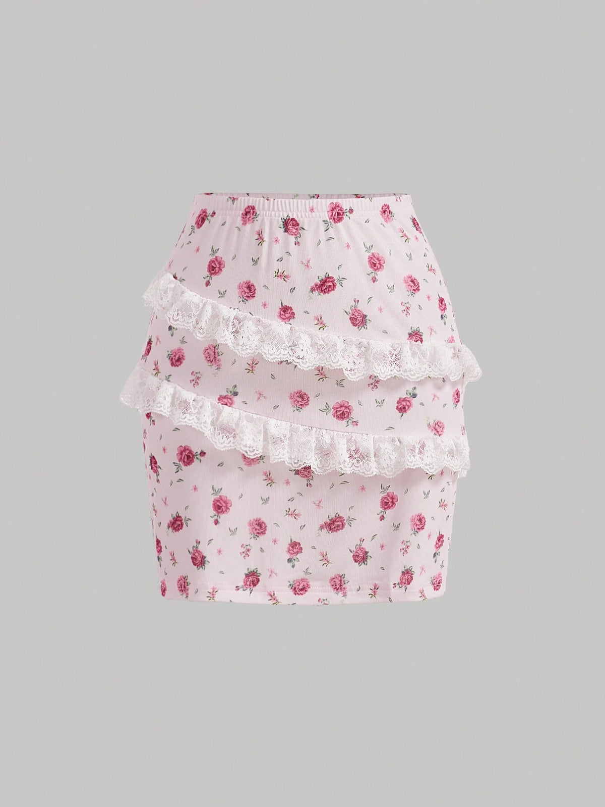 Summer Small Floral Spliced Lace Trim Spaghetti Strap Multi-Layer Ruffled Hem Package Hip Mesh Skirt Set