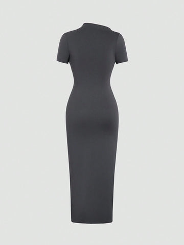 Summer Solid Color Asymmetrical Collar Ruched Slim Fit Dress With Side Slit