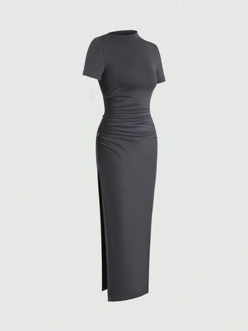 Summer Solid Color Asymmetrical Collar Ruched Slim Fit Dress With Side Slit