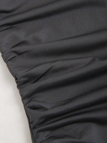 Summer Solid Color Asymmetrical Collar Ruched Slim Fit Dress With Side Slit