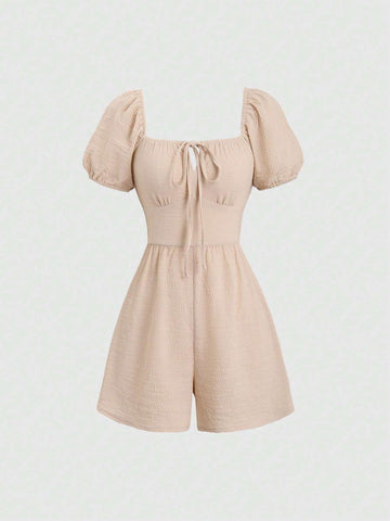 Summer Solid Color Square Collar Patchwork Puff Sleeve Jumpsuit