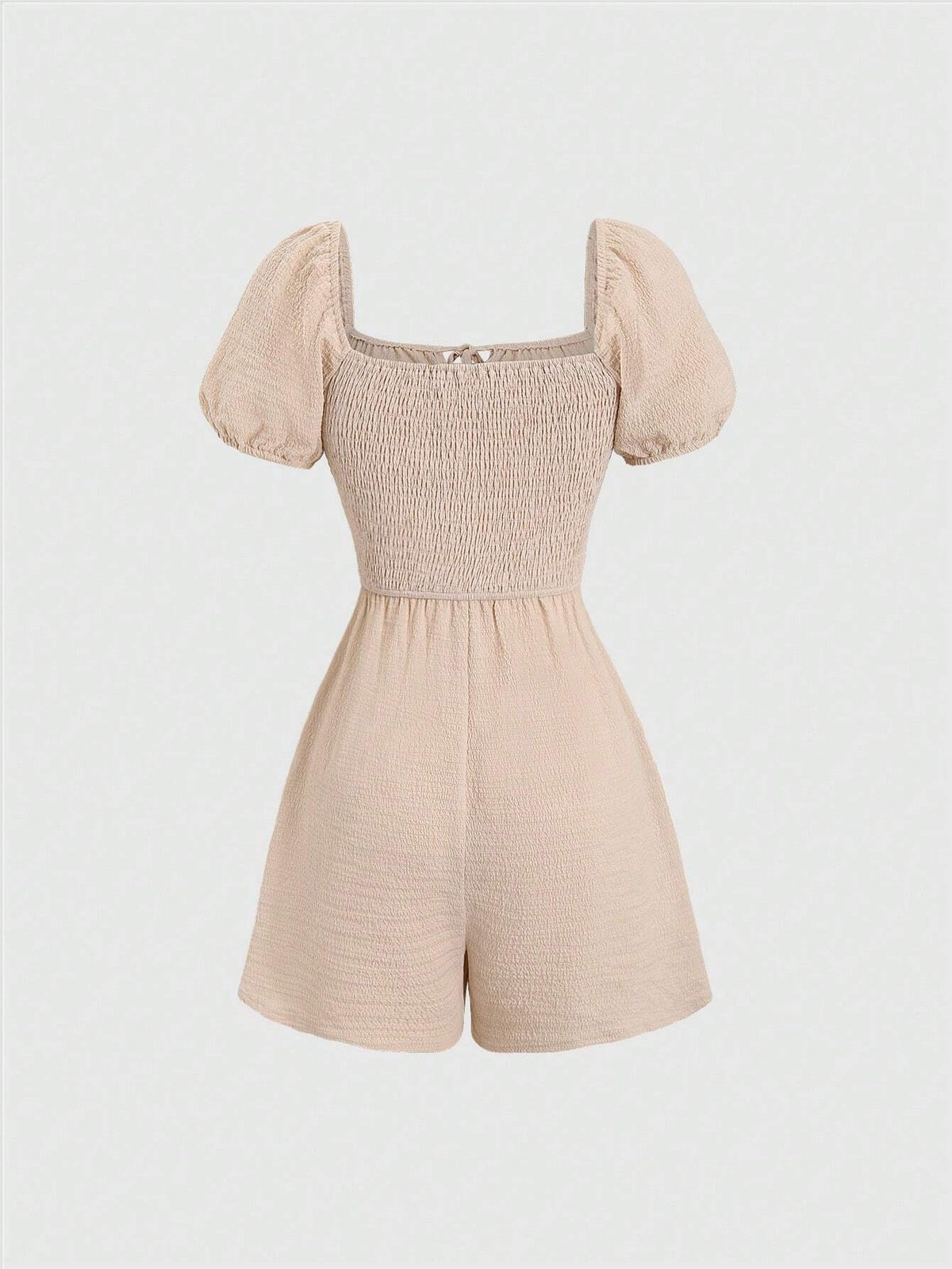 Summer Solid Color Square Collar Patchwork Puff Sleeve Jumpsuit