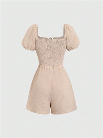 Summer Solid Color Square Collar Patchwork Puff Sleeve Jumpsuit