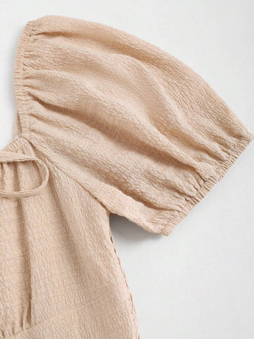 Summer Solid Color Square Collar Patchwork Puff Sleeve Jumpsuit