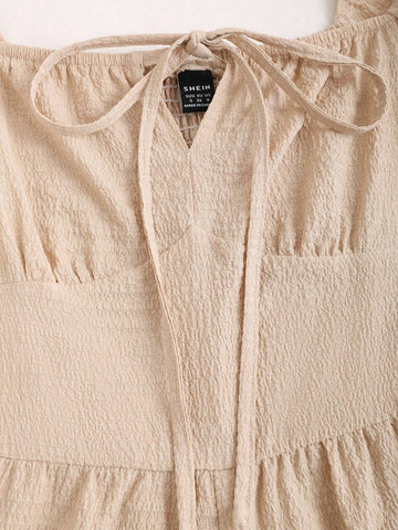 Summer Solid Color Square Collar Patchwork Puff Sleeve Jumpsuit