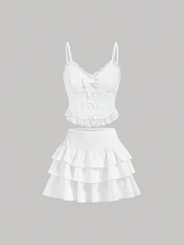Summer Sweet Solid Color Lace Spliced Bow Detail Bow Decorated Tank Top Layered Cake Skirt Set