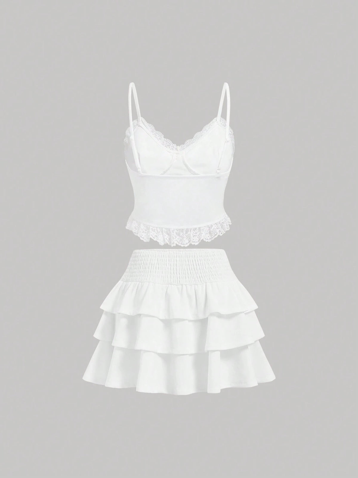 Summer Sweet Solid Color Lace Spliced Bow Detail Bow Decorated Tank Top Layered Cake Skirt Set