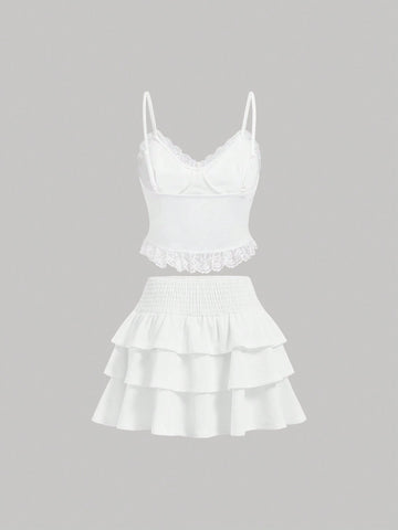 Summer Sweet Solid Color Lace Spliced Bow Detail Bow Decorated Tank Top Layered Cake Skirt Set