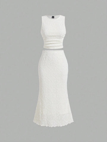 Summer Women's White Knitted Jacquard Vest & Cropped Top, Long Skirt Elegant Suit,Beach,Vintage