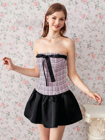 Sweet And Spicy Plaid Dress With Bow Knot And Color Block Design, Flared Mini Skirt And Pleated
