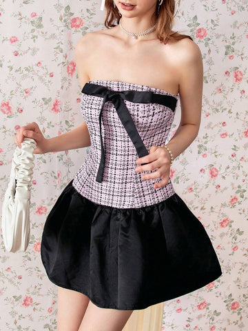 Sweet And Spicy Plaid Dress With Bow Knot And Color Block Design, Flared Mini Skirt And Pleated