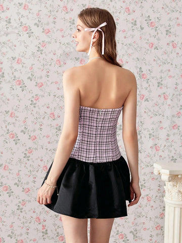 Sweet And Spicy Plaid Dress With Bow Knot And Color Block Design, Flared Mini Skirt And Pleated