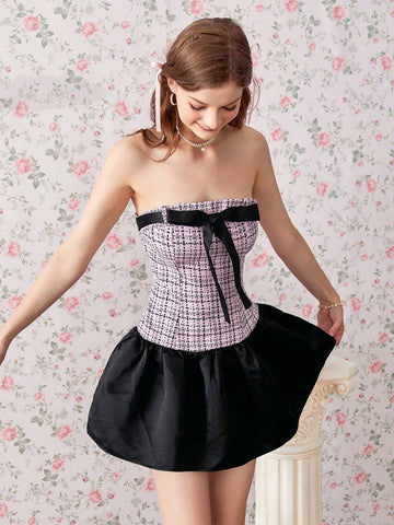 Sweet And Spicy Plaid Dress With Bow Knot And Color Block Design, Flared Mini Skirt And Pleated
