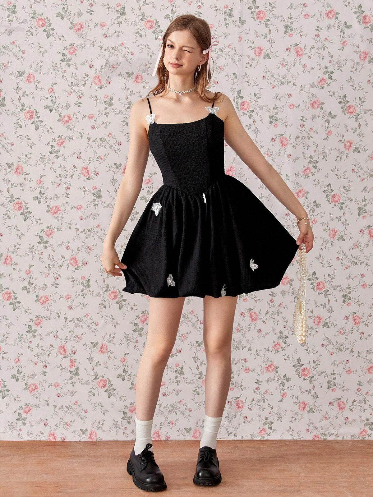 Sweet Elegant Miu Style Random 3D Butterfly Decorated Slimming A-Line Black Mini Dress With Cinched Waist