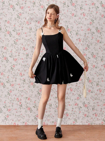 Sweet Elegant Miu Style Random 3D Butterfly Decorated Slimming A-Line Black Mini Dress With Cinched Waist