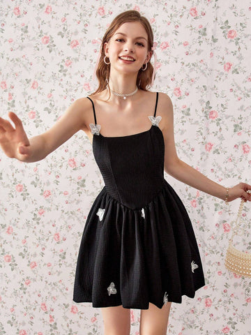 Sweet Elegant Miu Style Random 3D Butterfly Decorated Slimming A-Line Black Mini Dress With Cinched Waist