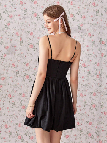Sweet Elegant Miu Style Random 3D Butterfly Decorated Slimming A-Line Black Mini Dress With Cinched Waist