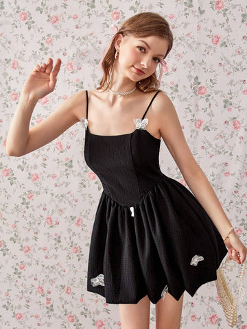 Sweet Elegant Miu Style Random 3D Butterfly Decorated Slimming A-Line Black Mini Dress With Cinched Waist