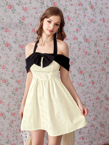 Sweet Minimalist Sexy Texture Fabric Color Block Bowknot Off Shoulder Neckline Waist Cinching