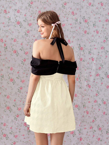 Sweet Minimalist Sexy Texture Fabric Color Block Bowknot Off Shoulder Neckline Waist Cinching
