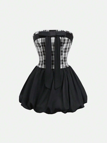Sweet & Spicy Plaid Black Strapless Dress For Women