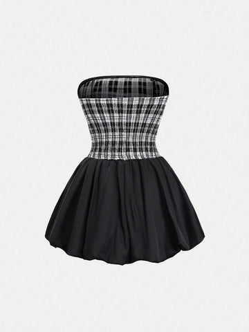 Sweet & Spicy Plaid Black Strapless Dress For Women