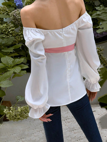 Sweetheart Neck Flare Sleeve Ruched Belted Blouse