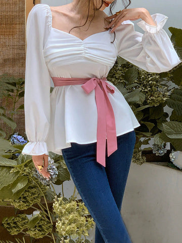 Sweetheart Neck Flare Sleeve Ruched Belted Blouse