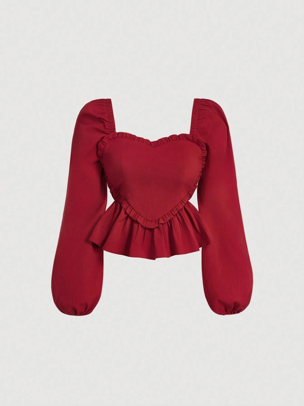 MOD Sweetheart Neck Lantern Sleeve Front Center Ruffle Hem Red Blouse
