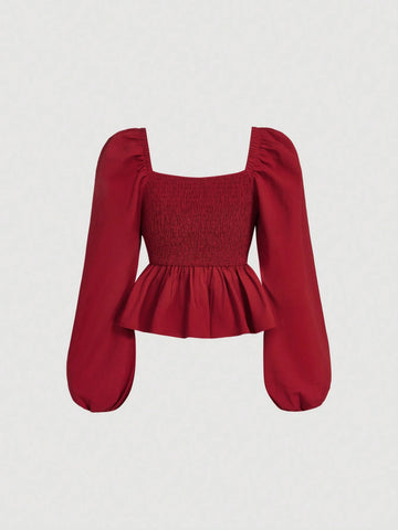 MOD Sweetheart Neck Lantern Sleeve Front Center Ruffle Hem Red Blouse