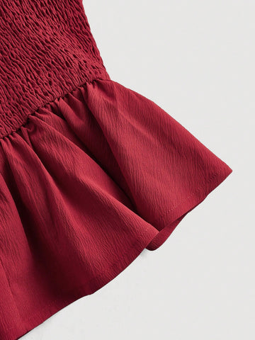 MOD Sweetheart Neck Lantern Sleeve Front Center Ruffle Hem Red Blouse