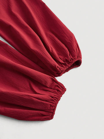 MOD Sweetheart Neck Lantern Sleeve Front Center Ruffle Hem Red Blouse