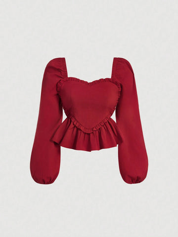 MOD Sweetheart Neck Lantern Sleeve Front Center Ruffle Hem Red Blouse