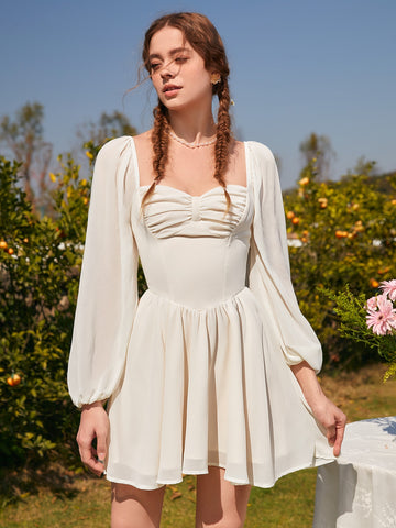 MOD Sweetheart Neck Lantern Sleeve Ruched Bust Dress
