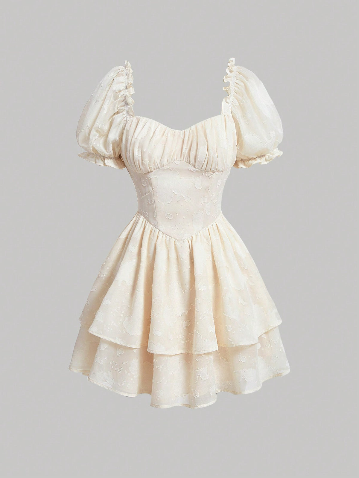 Sweetheart Neckline Dress With Gathered Waist And Bubble Sleeves