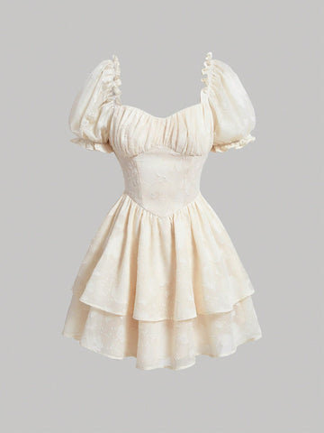 Sweetheart Neckline Dress With Gathered Waist And Bubble Sleeves