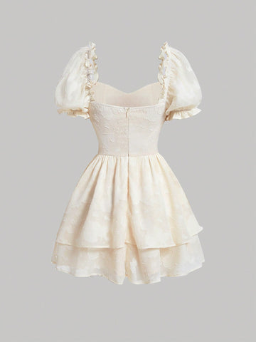 Sweetheart Neckline Dress With Gathered Waist And Bubble Sleeves