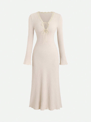 Textured Lace Patchwork Tie Long Sleeve Dress
