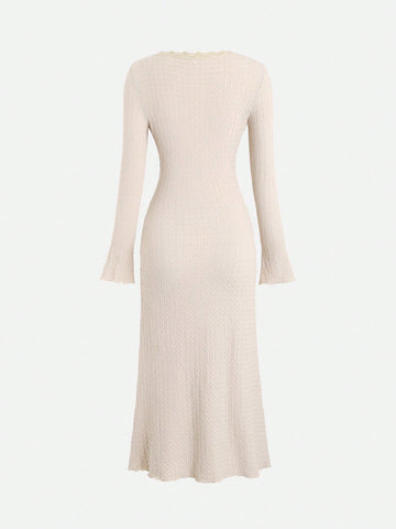 Textured Lace Patchwork Tie Long Sleeve Dress