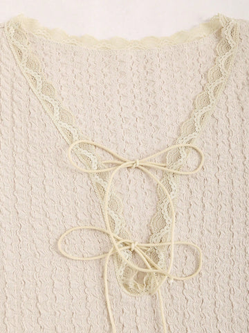 Textured Lace Patchwork Tie Long Sleeve Dress