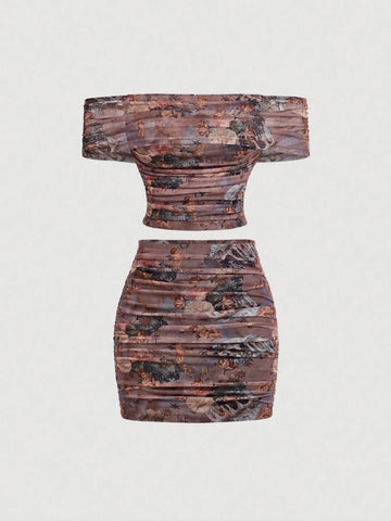 Tie-Dye Mesh Printed Ruched Off-Shoulder Top And Short Skirt