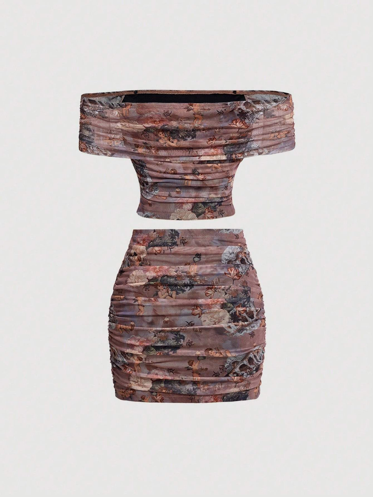 Tie-Dye Mesh Printed Ruched Off-Shoulder Top And Short Skirt