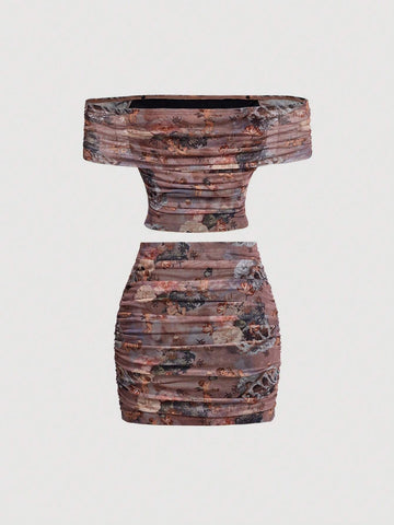 Tie-Dye Mesh Printed Ruched Off-Shoulder Top And Short Skirt