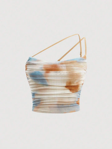 MOD Tie Dye Ruched One Shoulder Asymmetric Strap Summer Crop Top