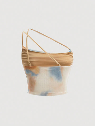 MOD Tie Dye Ruched One Shoulder Asymmetric Strap Summer Crop Top
