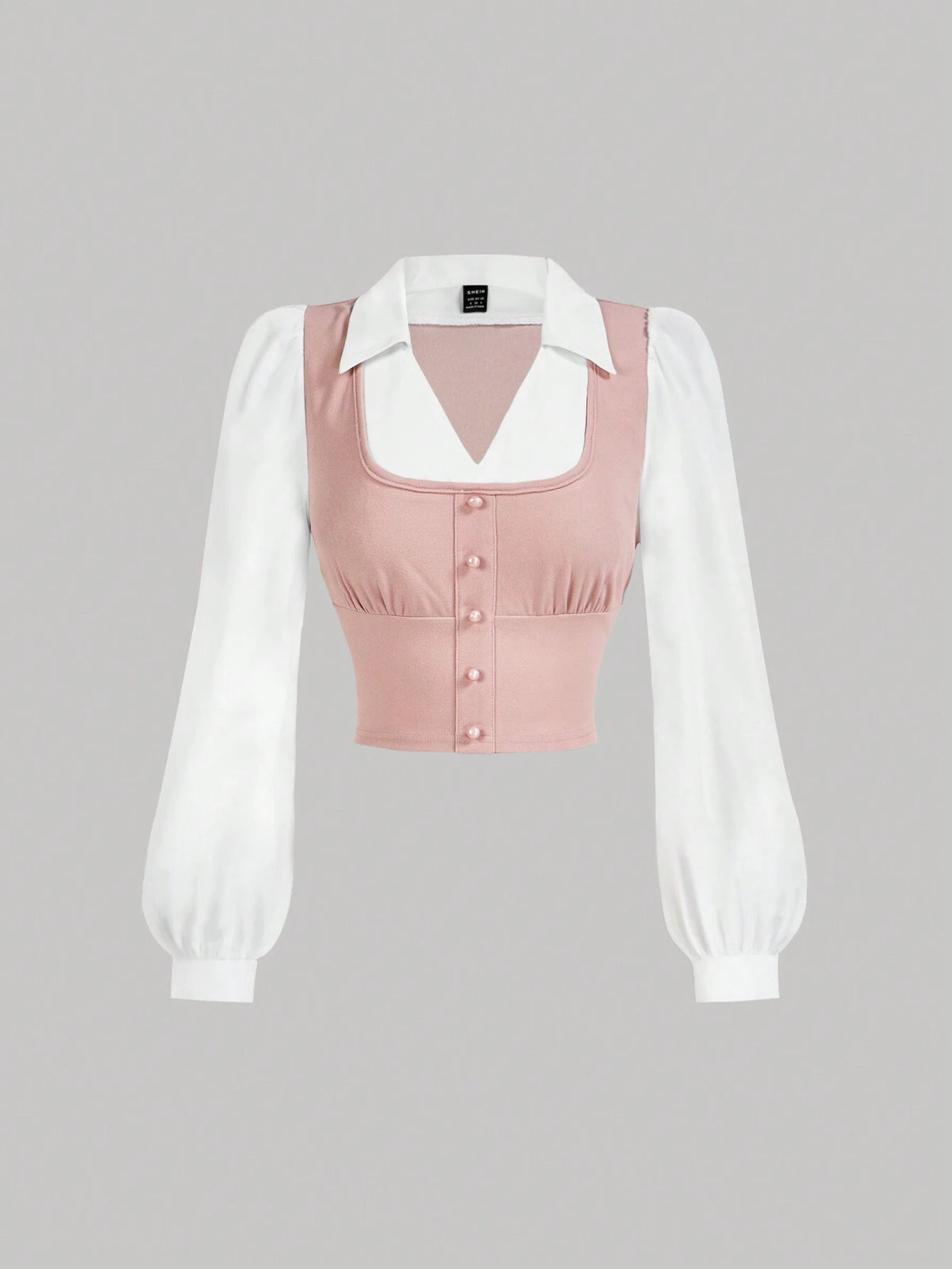 MOD Turndown Collar Long Sleeve Contrast Color Chest Ruched Pink White Contrast Color Shirt