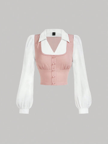 MOD Turndown Collar Long Sleeve Contrast Color Chest Ruched Pink White Contrast Color Shirt