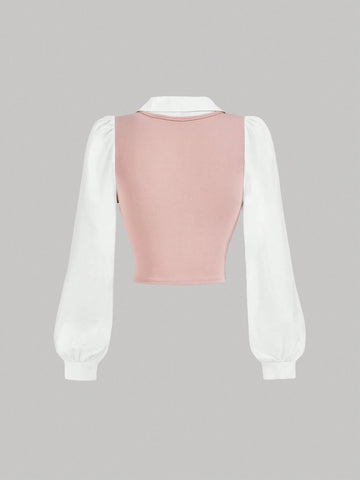 MOD Turndown Collar Long Sleeve Contrast Color Chest Ruched Pink White Contrast Color Shirt